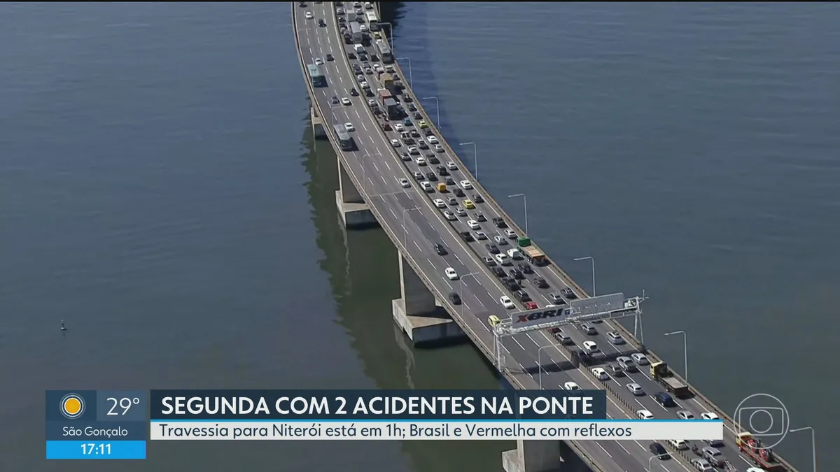 Acidente na Ponte Rio-Niterói causa retenções em vias de acesso; travessia leva 1h no fim de tarde