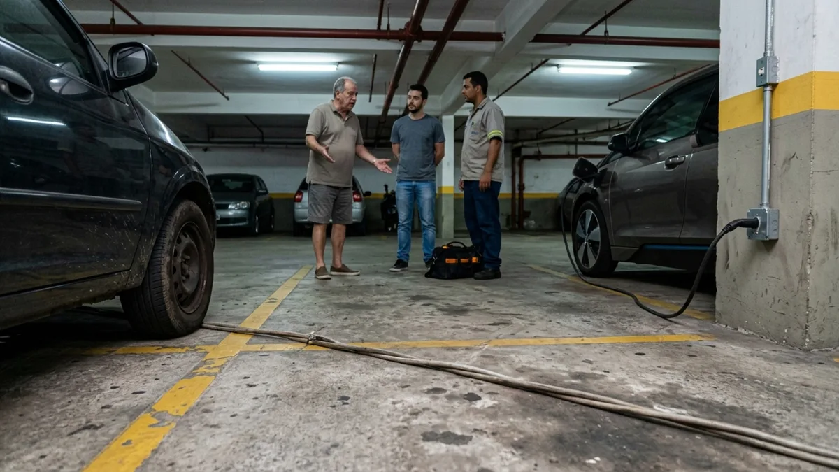 Condômino instala uma tomada para carregar o carro elétrico na garagem, vizinho descobre que o cabo passa pelo meio de sua vaga e exige a retirada, mas o instalador afirma que a posição foi indicada pelo próprio proprietário