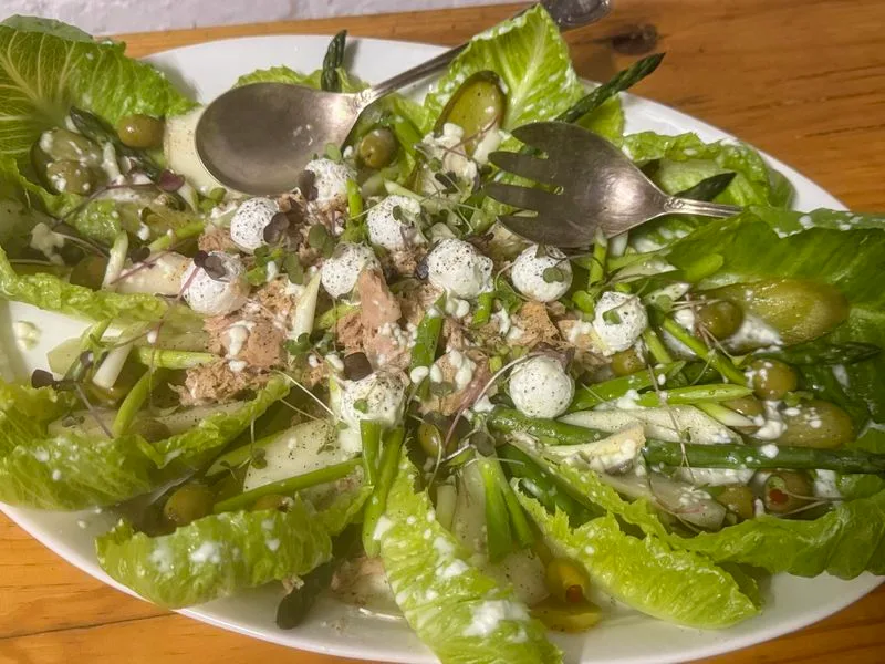 WHAT’S COOKING: Tuna salad with asparagus, pear, green olives, gherkins and feta balls